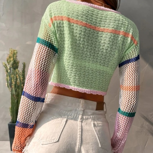 Striped Pattern Colorblock Drop Shoulder Scallop Trim Crop Sweater - Picture 3 of 6